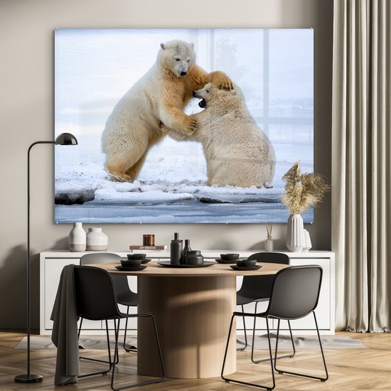 MuchoWow® Peinture sur verre 160x120 cm - Peinture sur verre acrylique - Ours polaires - Jouer - Glace - Photo sur verre - Peintures