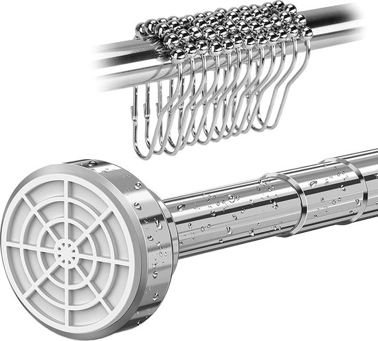 Foto: Telescopische douchegordijnrail zonder boren roestvrij staal veilige grip verstelbare lengte universeel te gebruiken als douchestang gordijnrail kledingstang uitgerust met 12 douchegordijnringen