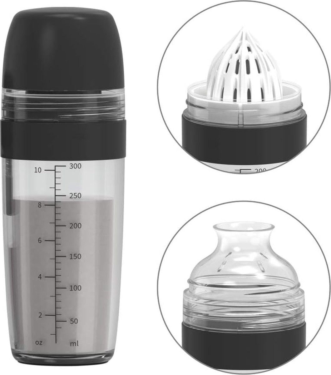 2-in-1 saladedressing-shaker met sapcentrifuge, schenker, lekvrij, maatbeker, saladedressing-container, vaatwasmachinebestendig, BPA-vrij, dressing-container, saladedressing-shaker, 350 ml, zwart