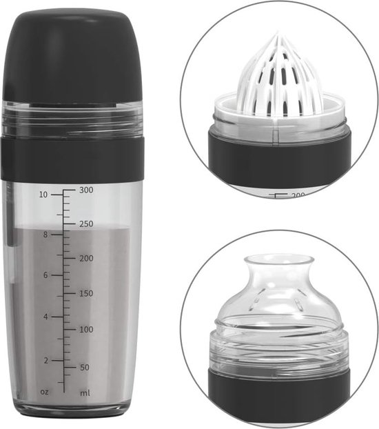 Foto: 2 in 1 saladedressing shaker met sapcentrifuge schenker lekvrij maatbeker saladedressing container vaatwasmachinebestendig bpa vrij dressing container saladedressing shaker 350 ml zwart