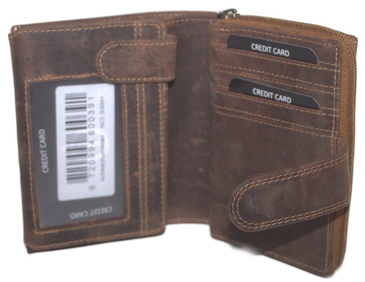 Oi Hunter bruine leren rits portemonnee voor veel pasjes / afsluitbare beurs met ritsvak voor kleingeld / compacte portemonnee met ruim vak voor muntgeld / RFID SAFE / bruin leer / 339H