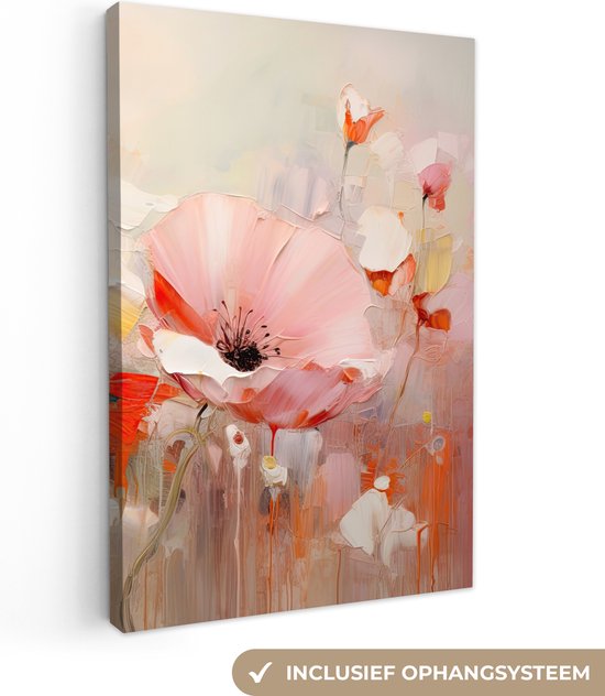 Canvas schilderij bloemen 60x90 cm - Abstracte kunst handgeschilderd - Huis decoratie woonkamer kleurrijk watercolor - Keuken muur schilderijen - Wanddecoratie roze accessoires - Kamer interieur decoraties - Wanddoek natuur botanisch