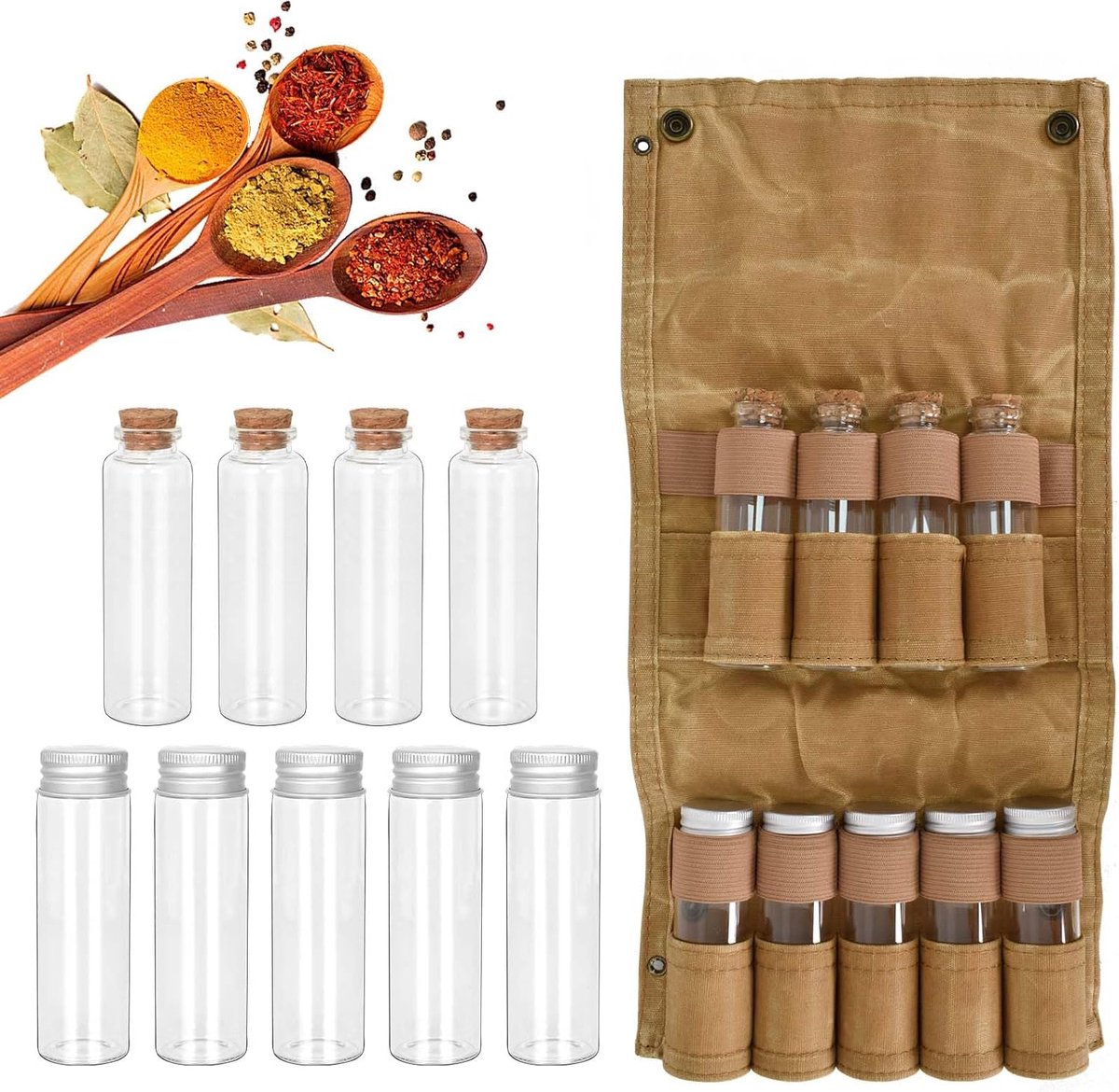 Camping Spice Kit Draagbare Kruidentas met 9 Kruidenpotjes Canvas Kruiden Opbergtas Organizer Multi Spice Containers voor Camping Bushcraft BBQ Outdoor Picknick(Groente