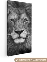 Canvas Schilderij Perzische leeuw op zwarte achtergrond in zwart-wit - 40x80 cm - Wanddecoratie