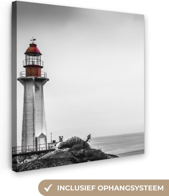 Canvas Schilderij Zwart-wit foto van een vuurtoren in het westen van Vancouver - 50x50 cm - Wanddecoratie