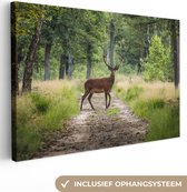 Canvas Schilderij Bos - Hert - Bomen - 90x60 cm - Wanddecoratie