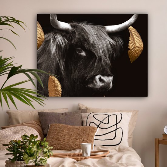 Décoration murale - Highlander écossais - Feuilles - Noir & Or - Peinture sur Toile - 120x90 cm