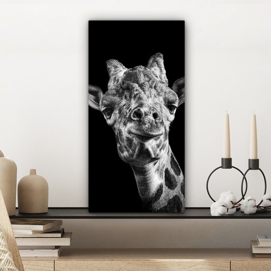 Peinture sur toile Girafe - Animal - Zwart - Wit - 20x40 cm - Décoration murale