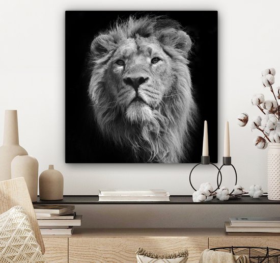 Toile Peinture Lion - Portrait - Zwart - Wit - 50x50 cm - Décoration murale