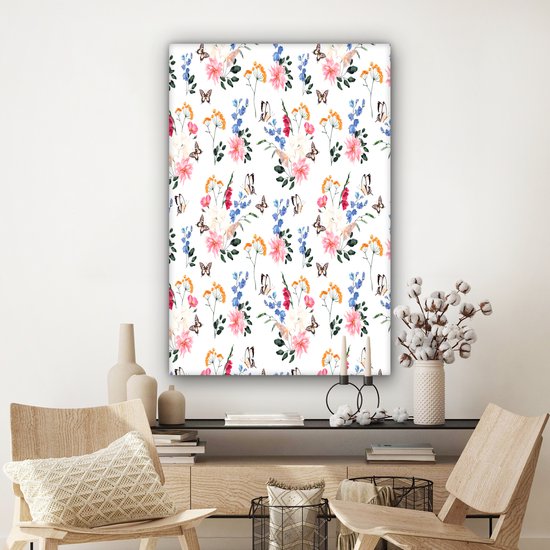 Tableau sur toile Fleurs - Papillons - Collage - 80x120 cm - Décoration murale