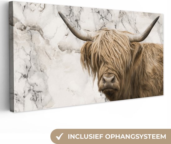 Canvas Schilderij Schotse hooglander - Dieren - Marmer - 80x40 cm - Wanddecoratie