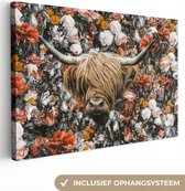Wanddecoratie - Schotse hooglander - Bloemen - Zwart - Wit - Canvas Schilderij - 120x80 cm