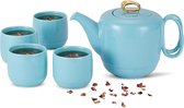 Théière en porcelaine avec passoire, service à thé à poignée torsadée avec 4 tasses pour thé en vrac, théière en céramique bleu clair lisse finition dorée de luxe de 1000 ml pour cadeaux