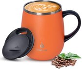 Koffiemok 470 ml (16oz), dubbelwandige vacuüm geïsoleerde roestvrijstalen koffie- en theekop met antislip handvat en schuifmoduledeksel en groot volume (oranje)
