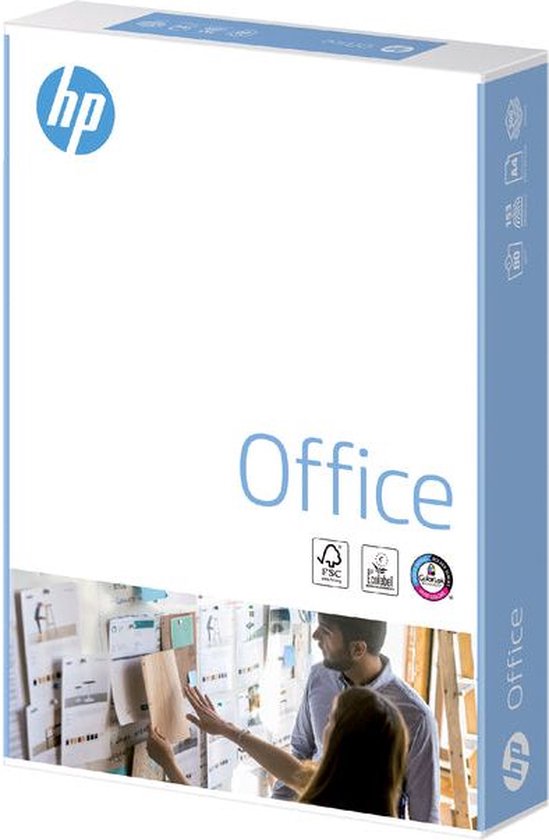 Doos HP Office papier met de tekst "Office" en icoontjes van FSC en EcoLabel.