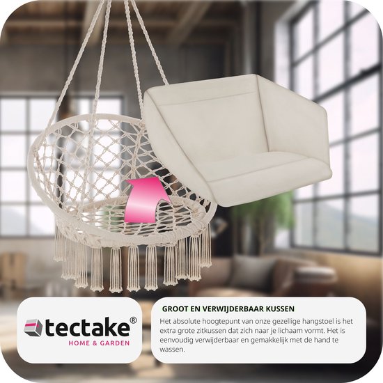 tectake® - hangstoel met kussen, geschikt voor slaapkamer decoratie binnenshuis, als schommelstoel of buitengebruik als tuinmeubel, balkonmeubel en rotanstoel, ondersteunt 150 kg - beige