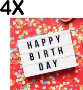 BWK Textiele Placemat - Happy Birthday met Confetti en Slingers - Set van 4 Placemats - 40x40 cm - Polyester Stof - Afneembaar