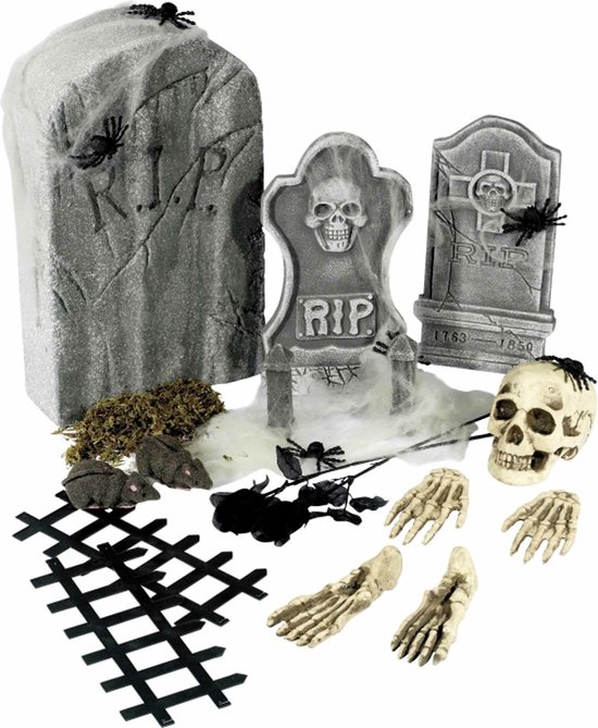 Foto: 24 delige complete horror kerkhof set met grafstenen halloween versiering en decoratie