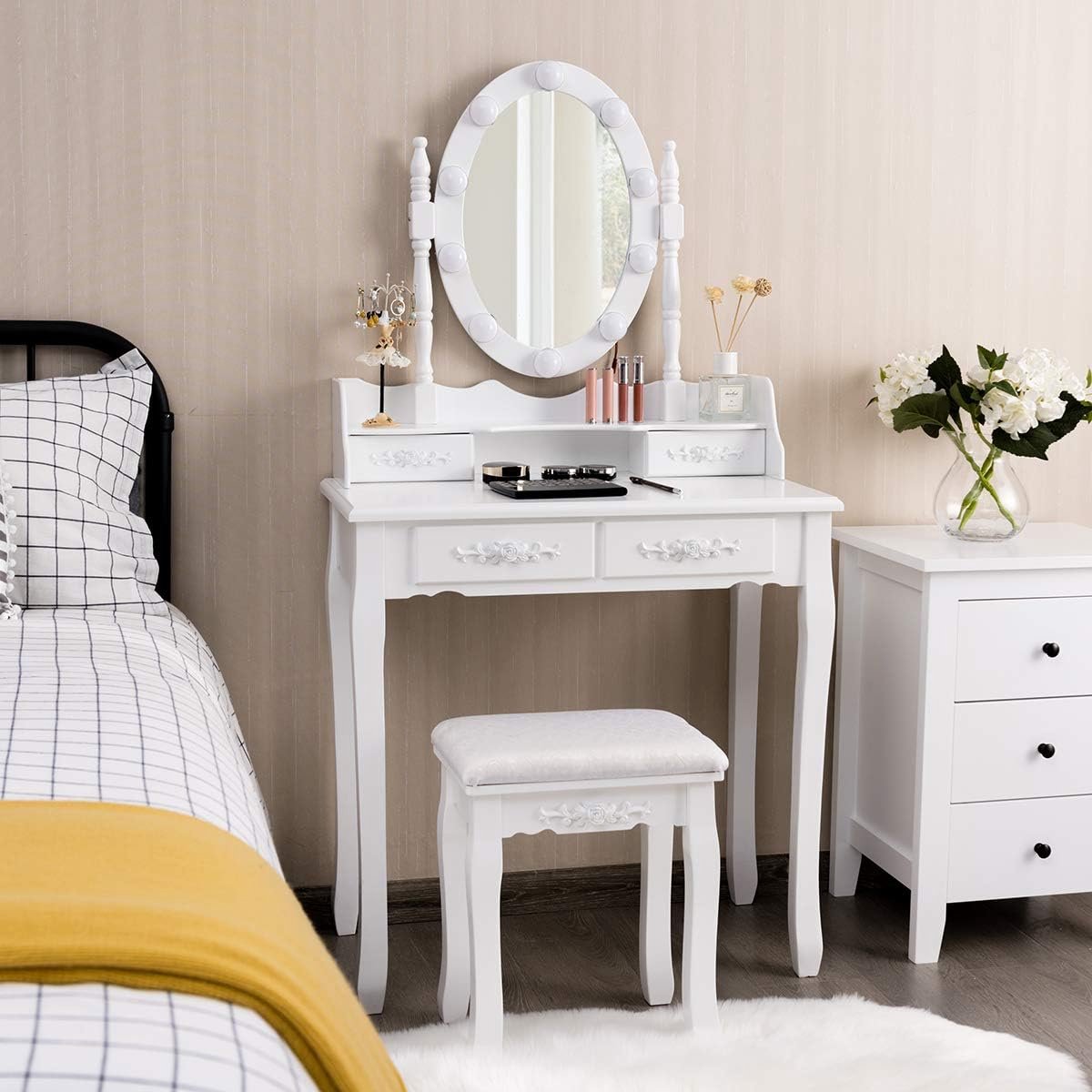 Witte kaptafel bureau, kaptafel set met gewatteerde make-up
