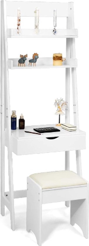 3-in-1 make-uptafel & ladderrek & bureau met klapspiegel en 3 haken, kaptafel met 2 planken en 6 vakken, make-uptafel met kruk, make-uptafel wit, 40 x 60 x 180 cm