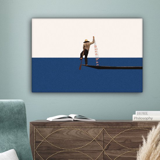 Toile - Abstrait - Bateau - Mer - Texte - Chapeau - Abstrait - 90x60 cm - Canvasdoek - Peinture sur toile