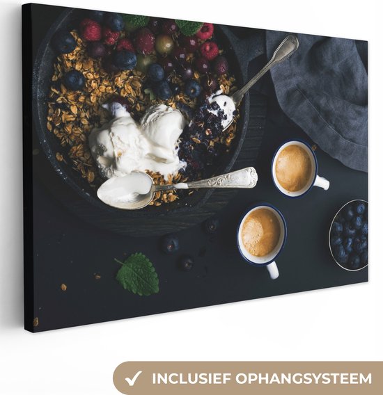 Canvas Schilderij Koffie - Fruit - Havermout - 60x40 cm - Wanddecoratie