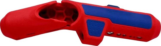 Een rode kabelstripper met blauwe accenten en de tekst 'KNIPEX', geïsoleerd op een witte achtergrond.