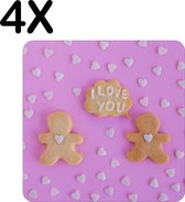 BWK Stevige Placemat - I Love You Koekjes met Roze Achtergrond - Set van 4 Placemats - 40x40 cm - 1 mm dik Polystyreen - Afneembaar