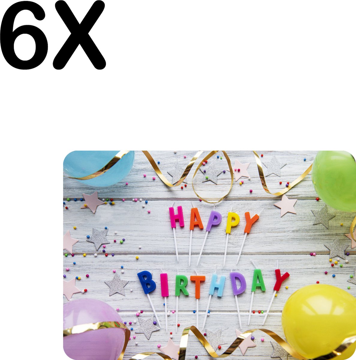 BWK Luxe Placemat - Happy Birthday met Slingers en Balonnen - Set van 6 Placemats - 35x25 cm - 2 mm dik Vinyl - Anti Slip - Afneembaar