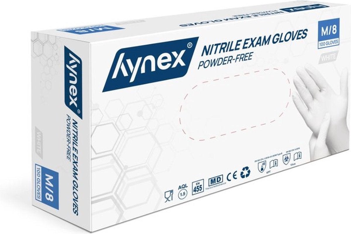 Goedkoopste Hynex Nitril handschoenen maat M wit 100/doos 3,5gram