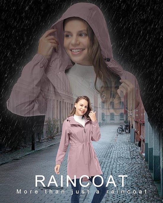 Molirex Waterdichte opvouwbare regenjas met capuchon voor dames, reflecterend fietsjack voor 's nachts, licht, waterdicht, windbreaker, A-zwart, XL