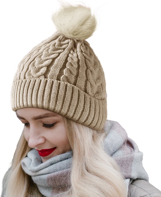 CALIYO Bonnet - Bonnet d'hiver Femme - Chapeaux avec Pompon en Fausse Fourrure - Casquettes de ski de Ski Tricotés - Laine Doublée - Beige