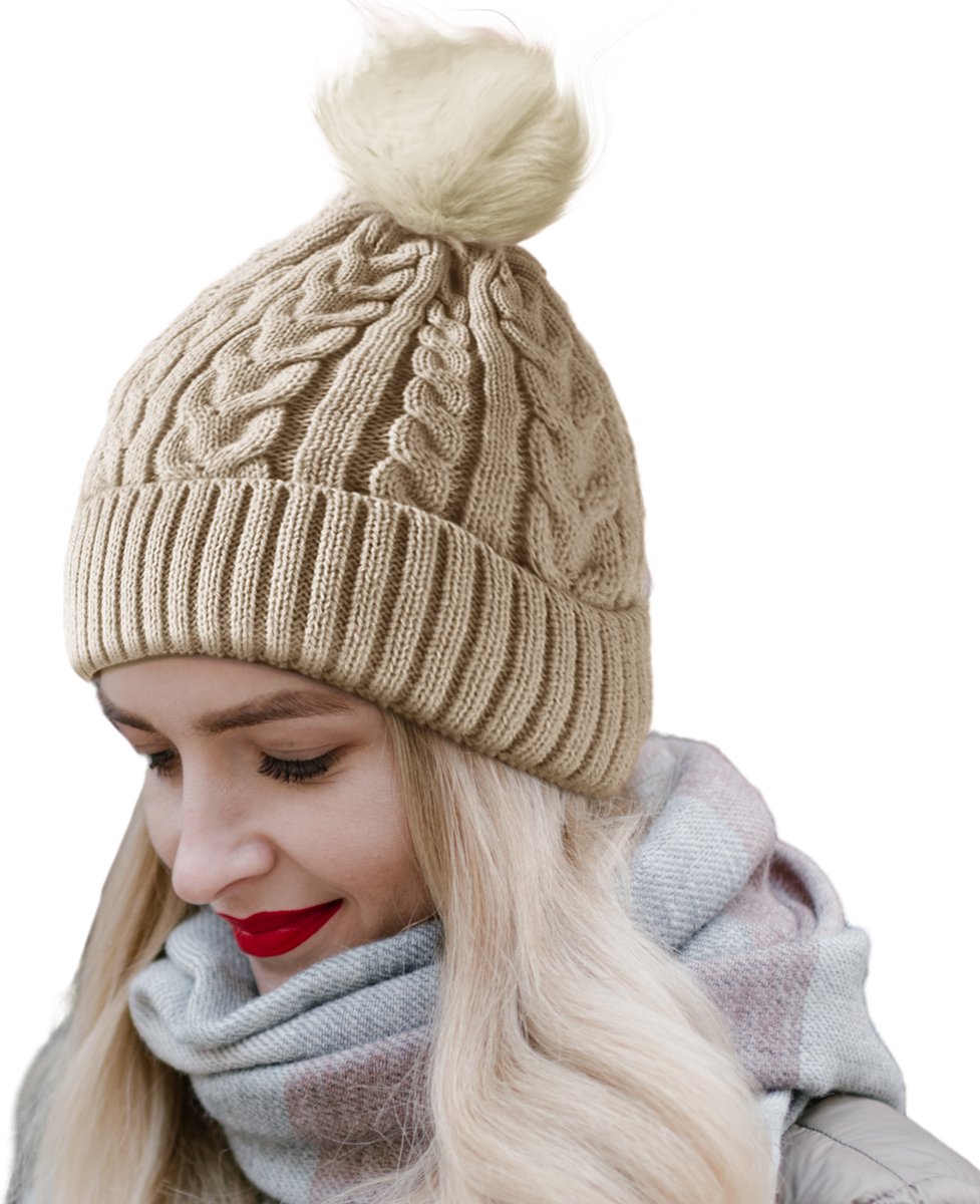 CALIYO Beanie Muts - Wintermuts Dames - Warme Mutsen met Imitatiebont Pompon - Gebreide Skimutsen - Gevoerd Wol - Beige
