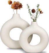 Vaas, set van 2 witte bloemenvazen van keramiek voor woningdecoratie, droogbloemen, vazen voor tafelkleedo met pampasgras, kamerdecoratie voor cadeau, kleine middelgrote