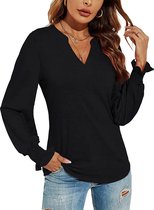 ASTRADAVI Casual Wear - Dames V-Hals Blouse - Stijlvolle Top met Geplooide Mouwen - Zwart / Medium