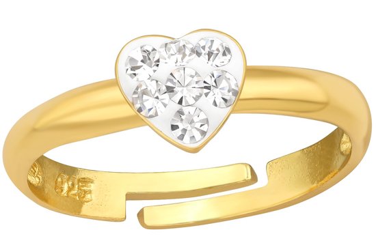 Joy|S - Zilveren hartje ring - verstelbaar - wit kristal - 14k goudplating - voor kinderen
