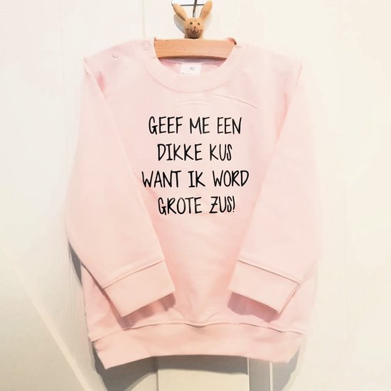 Shirt trui sweater tekst voor kind baby Aankondiging zwangerschap geef dikke kus Ik word grote zus roze | maat 98 zwanger geboorte cadeau zwangerschap aankondiging bekendmaking Baby big sis sister