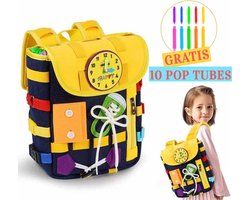 foto van Busy Board Rugzak + GRATIS 10 Pop Tubes - Speelgoed voor Onderweg - 2-5 jaar - Reisspellen - Rugzak voor Kinderen - Schooltas Peuter - Schoolrugzak Kleuter - Speelgoed Voor In De Auto - Sensorisch Speelgoed
