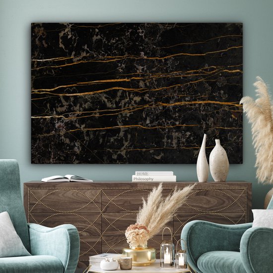 Canvas schilderij 150x100 cm - Wanddecoratie Marmer - Zwart - Goud - Ader - Muurdecoratie woonkamer - Slaapkamer decoratie - Kamer accessoires - Schilderijen op canvas
