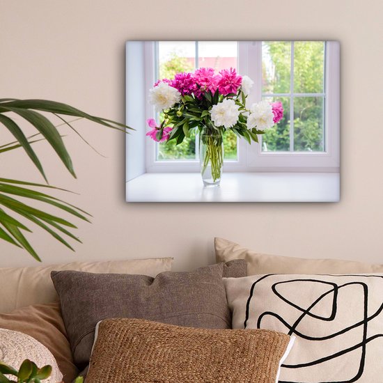 Canvas Schilderij Bloemen - Pioenrozen - Vaas - 40x30 cm - Wanddecoratie