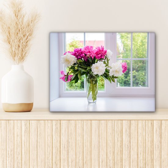 Canvas Schilderij Bloemen - Pioenrozen - Vaas - 40x30 cm - Wanddecoratie