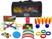 AXI Kids Activity Bag – Sac avec jeux pour enfants – Lancer d'anneaux – Bowling – Frisbee – Hula hoop – Poufs – Jeux de camping