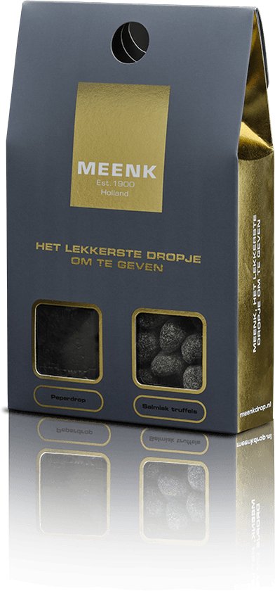 Gouden en grijze verpakking met vensters die Peperdrop en Salmiak truffels tonen.