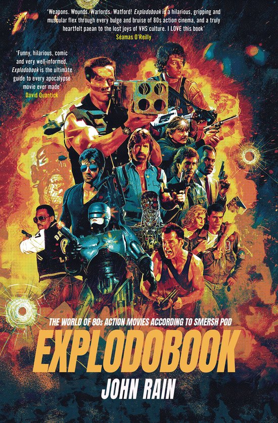 Boekomslag met collage van 80s actiefilmhelden zoals Robocop, Terminator, Rambo, Chuck Norris, Arnold Schwarzenegger.