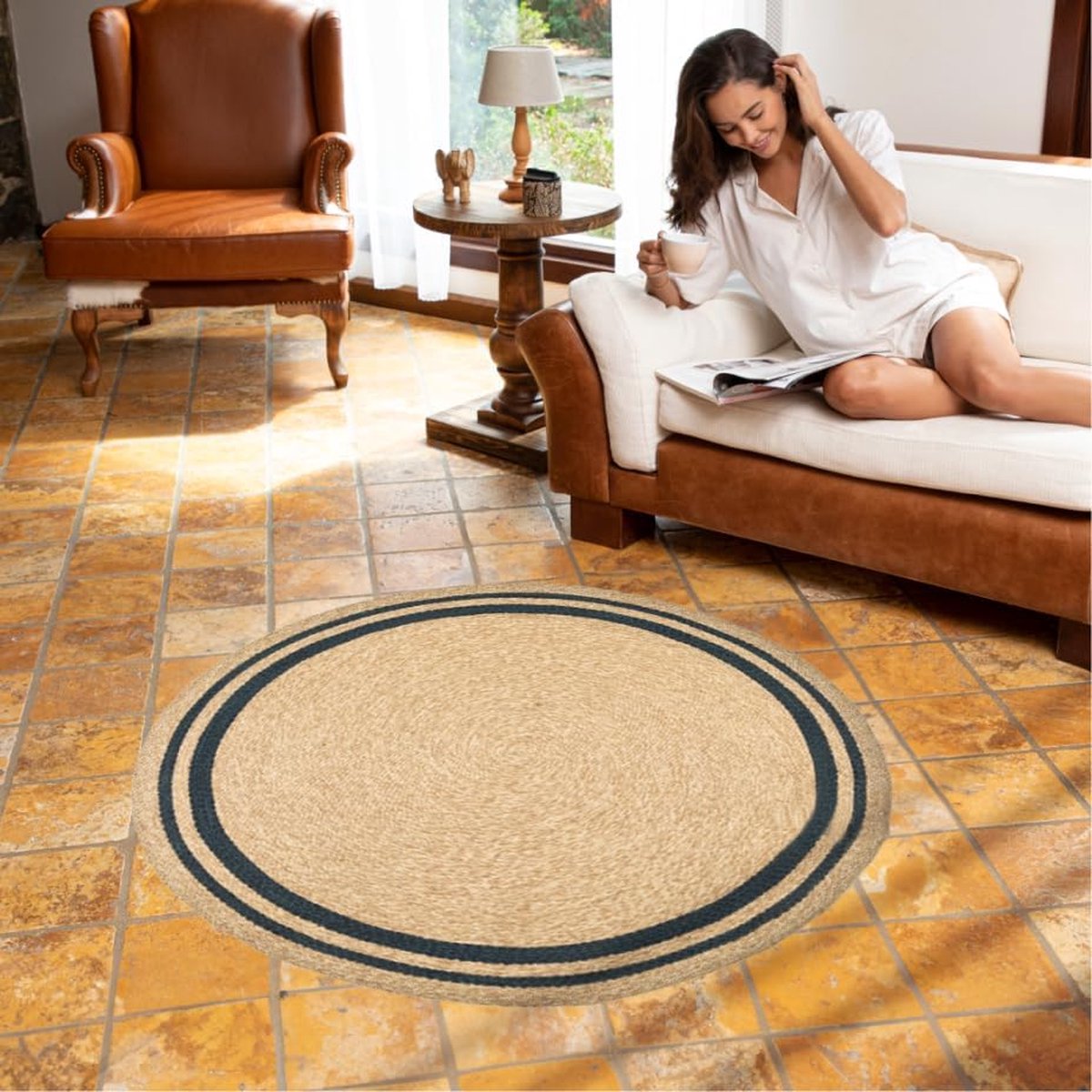 Ronde Jute Vloerkleed, Decoratieve Boho Ronde Oppervlakte Tapijt, Natuurlijk Beige - Blauw Gevlochten Jute Gebied Vloerkleden voor Woonkamer, Buiten, Keuken, Slaapkamer, 90 cm, Diana