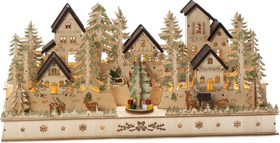 Konstsmide - Houten kerstdorp - verlicht kerstdorp - bosrijk omgeving met herten bomen en huizen