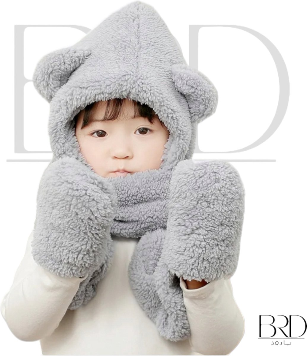 BRD Winter® Wintermuts Teddy All-in-one Grijs - Muts, sjaal en handschoenen in 1 voor kinderen