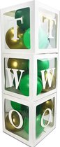3 doorzichtig letter ballon blokken Two wit inclusief 24 ballonnen donker groen, licht groen en goud - ballon - box - blok - 2 - two - verjaardag