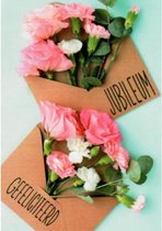 Jubileum! Van harte gefeliciteerd! Een fleurige en grappige kaart met diverse rozen in een envelop. Een leuke kaart om zo te geven of om bij een cadeau te voegen. Een dubbele wenskaart inclusief envelop en in folie verpakt.