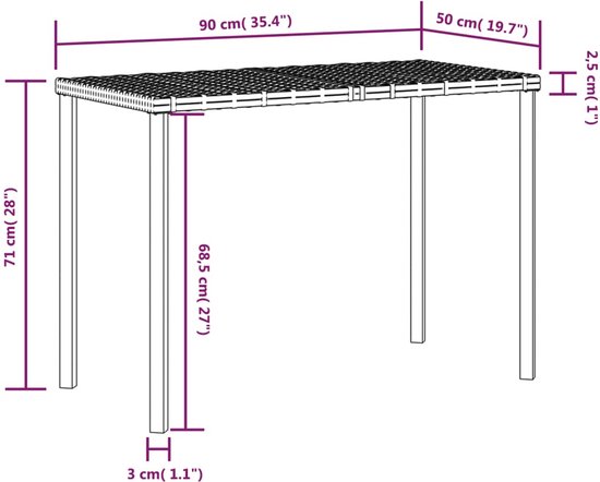 Afmetingen van een bruine tafel met rieten blad en metalen poten.